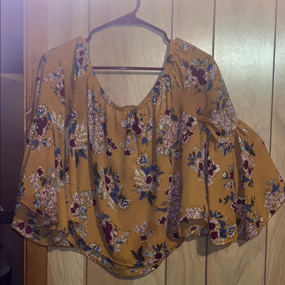Charlotte Russe Yellow and Brown Flutter Sleeve Crop Blouse